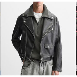 Zara Men Faux Leather Washed Biker Jacket Size S